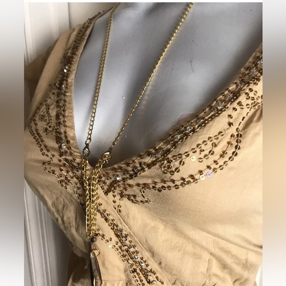 NWT $68 Bloomingdales  Abby Z Tan Peasant Boho Top-Plus size 1X-Beaded Tie Waist - Picture 6 of 11